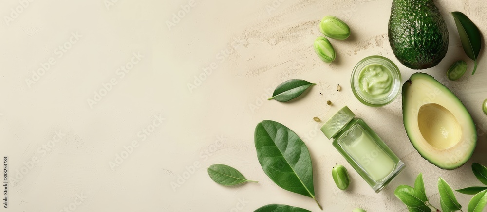 Poster a composition showcasing a fresh avocado and cosmetic product jars on a light background with copy s