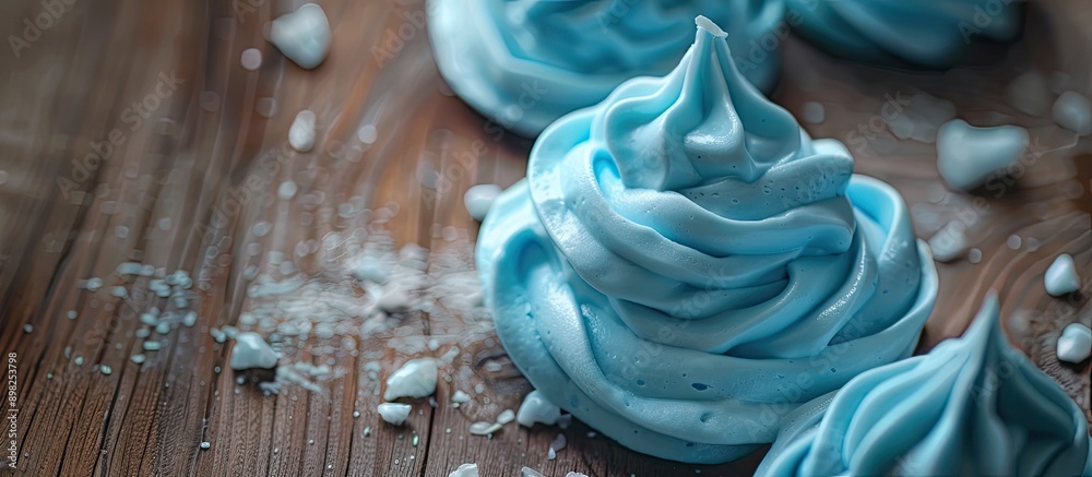 Poster close up blue meringue on a wooden backdrop with a macro copy space image