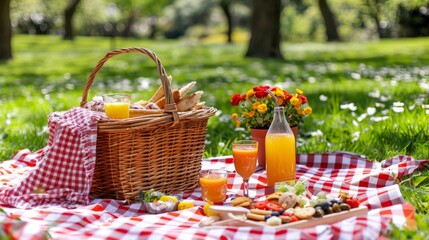 Picnic Basket and Blanket in a Sunny Green Park.