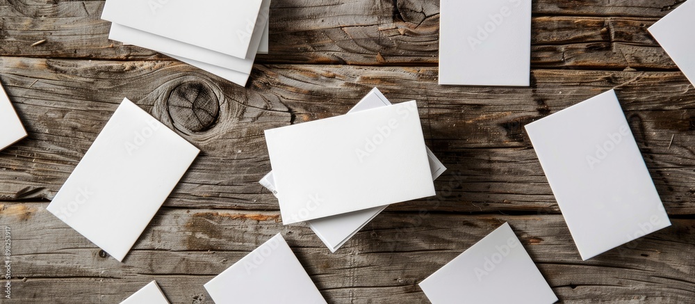 Fototapete Top down view of blank business cards placed on a wooden table surface for design with available copy space image