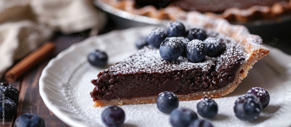 Poster close up horizontal image of chocolate pie in a white plate garnished with blueberries and powdered 