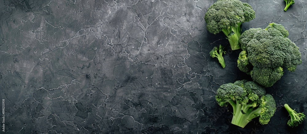 Poster display fresh whole and sliced broccoli on a textured slate stone plate against a gray background pe