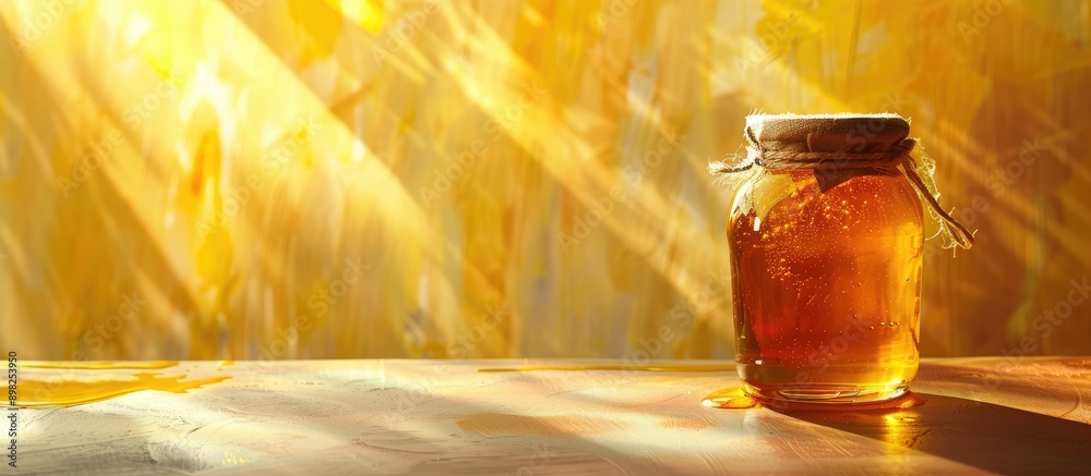 Poster A clear jar of fresh honey is displayed against a vibrant backdrop with ample copy space image