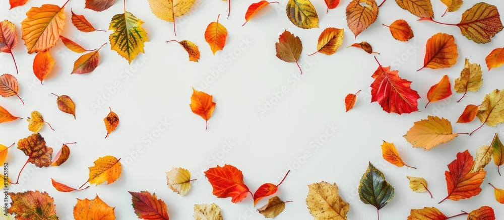 Leinwandbilder autumn themed frame featuring vibrant fall leaves against a white backdrop in a flat lay composition