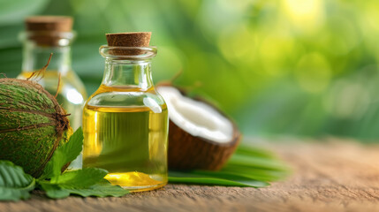 Open Coconut with Tropical Leaves with a bottle of coconut oil