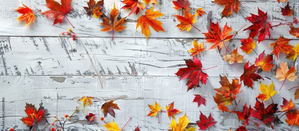Leinwandbilder autumn colors with multi colored maple leaves scattered on a white textured wooden table creating an