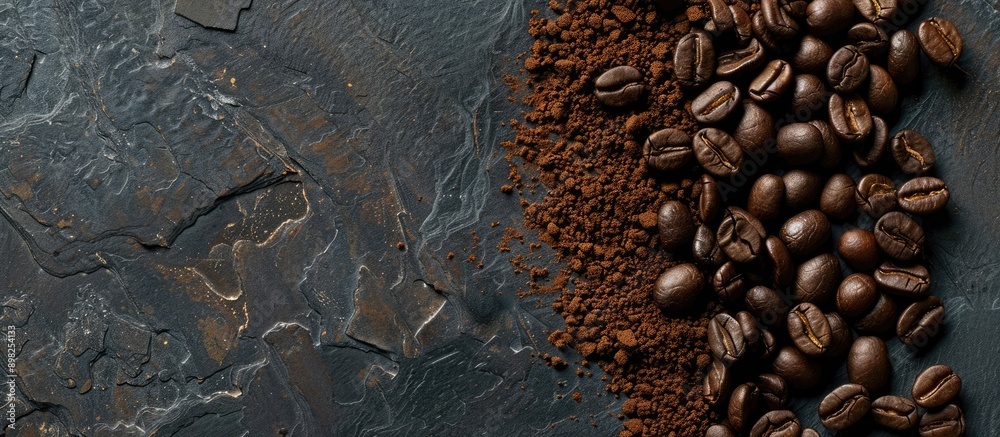 Poster coffee beans and ground powder placed on a stone surface seen from above with available copy space i