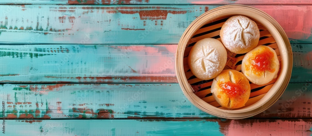 Aufkleber a bamboo bowl filled with steamed bread topped with coconut jam is placed on a colorful wooden table