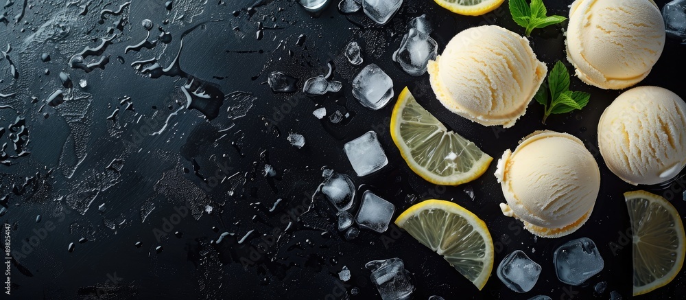 Poster delicious cold dessert featuring ice cream scoops lemon slices and ice cubes on a black background a