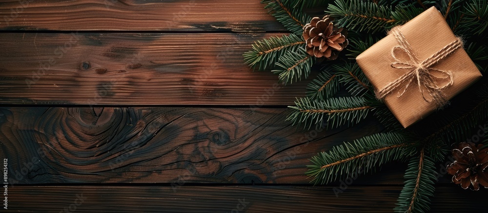 Poster A Christmas present box sits beside a fir tree branch on a wooden table seen from above with room for text or an image in the scene. Creative banner. Copyspace image