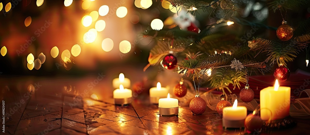 Aufkleber candles illuminated under the festive christmas tree creating a cozy holiday ambiance with copy spac