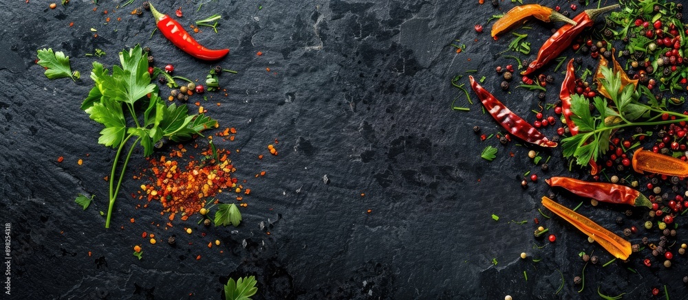 Poster top view of an array of vibrant spices like chili flakes mixed pepper parsley herbs and red paprika 