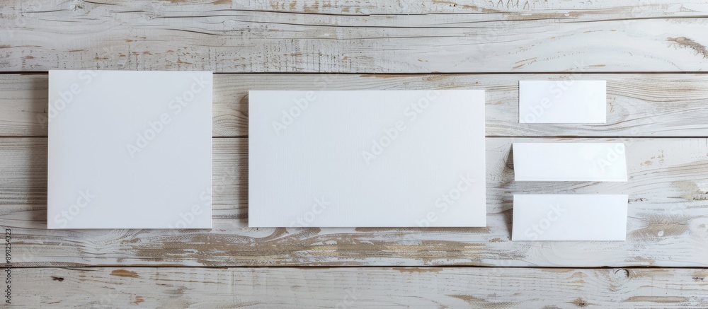 Fototapete top view flat lay of a blank corporate identity set on a light wooden background ideal for showcasin