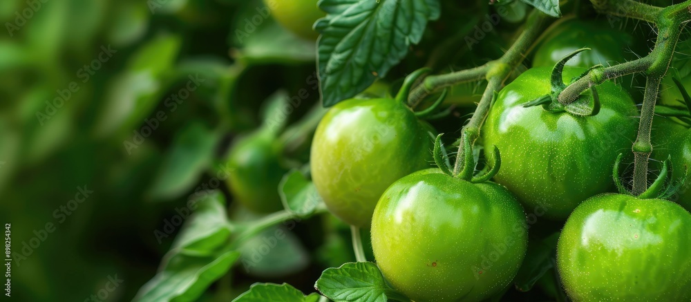 Poster a close up of a bunch of green tomatoes on a bush in the garden isolated with copy space image