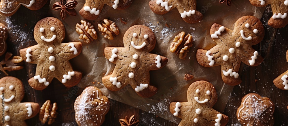 Aufkleber Top view displaying a delectable batch of gingerbread cookies filled with nuts being baked with a designated area for text in the image. Creative banner. Copyspace image