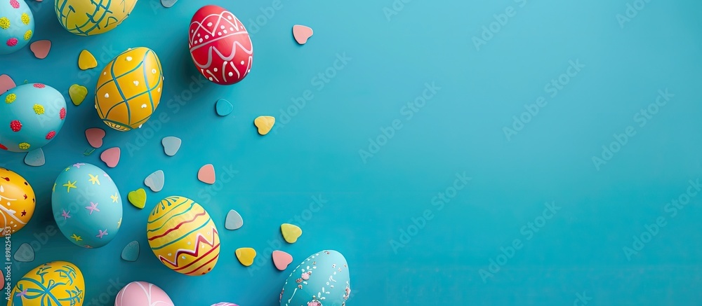 Leinwandbilder Top down view frame with Easter eggs on a vibrant blue background creating a flat lay composition with ample copy space image
