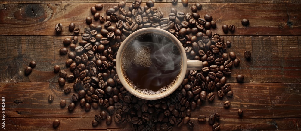Aufkleber an aerial view of a steaming cup of coffee surrounded by coffee beans on a wooden surface with copy 