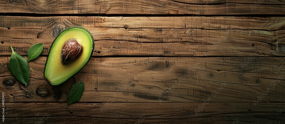 Poster avocado fruit displayed on a wooden surface with copy space image