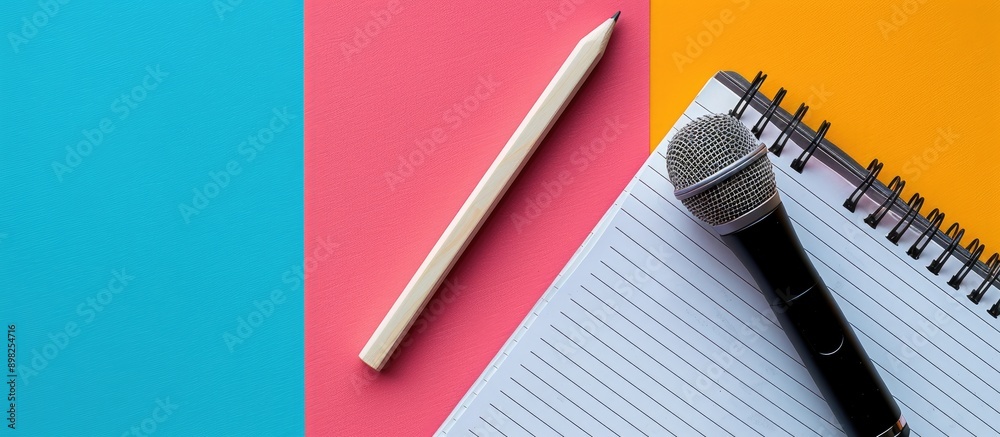 Aufkleber Arrange a pencil on a notepad and a microphone against a colorful background to create a captivating composition with copy space image