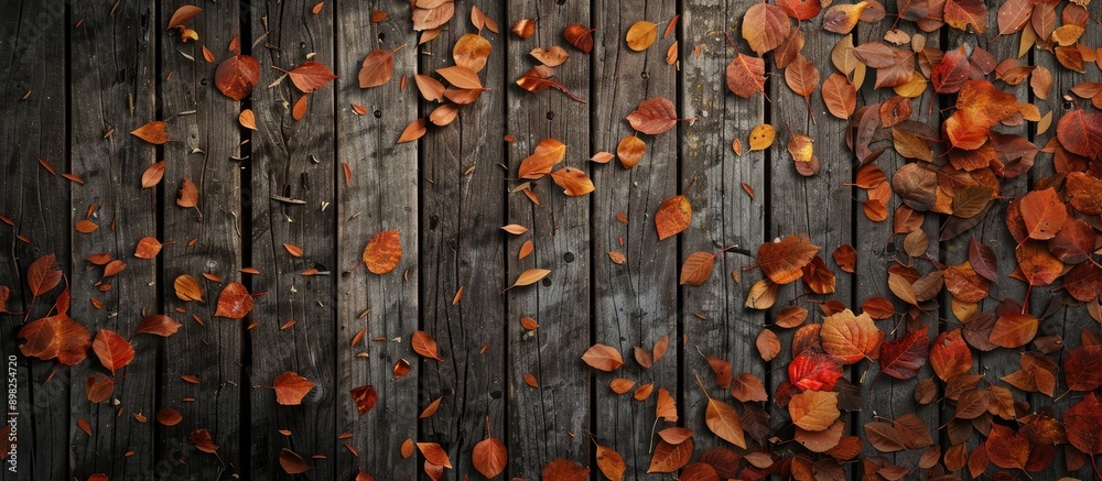 Poster autumn leaves scattered across a grunge background with wooden planks create a rustic and natural am