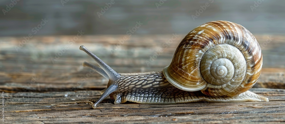Poster A close up image of a stylommatophora snail on a wooden table gazing at the camera with an isolated background creating space for additional content