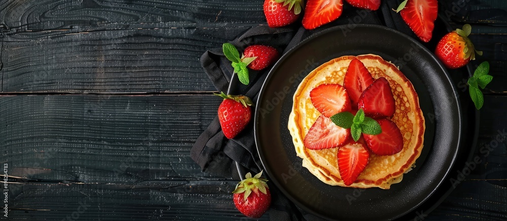 Poster top view of cheese pancakes and strawberries displayed on a dark plate against a black wooden backdr
