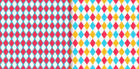 Circus seamless pattern. Checkered diamond backgrounds. Vector illustration. Harlequin lozenge textures. Set blue red yellow rhombus plaid prints. Modern argyle geometric backdrops.