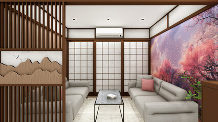 Interior Design perspective of Japanese style living room with shoji screens