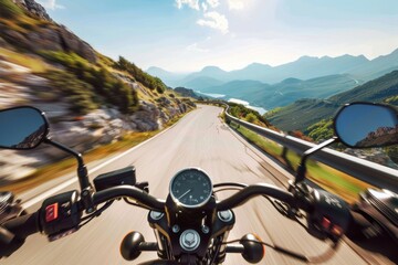 A sleek, modern motorcycle speeding down a winding mountain road with breathtaking views of valleys and peaks, under a clear blue sky