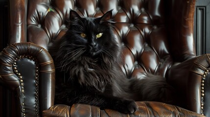 Elegant Black Cat with Glossy Fur Relaxing on Leather Armchair