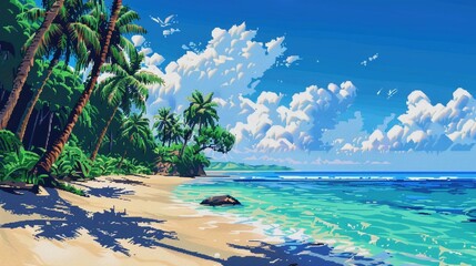 Pixel art beach, palm trees, clear blue water, tropical paradise