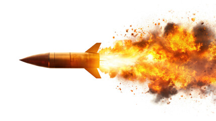 A missile rocket with fire trail isolated on transparent white background, clipping path