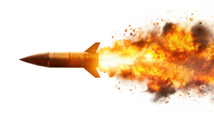 A missile rocket with fire trail isolated on transparent white background, clipping path
