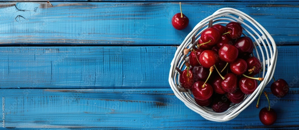 Aufkleber cherries placed in a white basket against a blue wooden backdrop in a close up top view with ample c