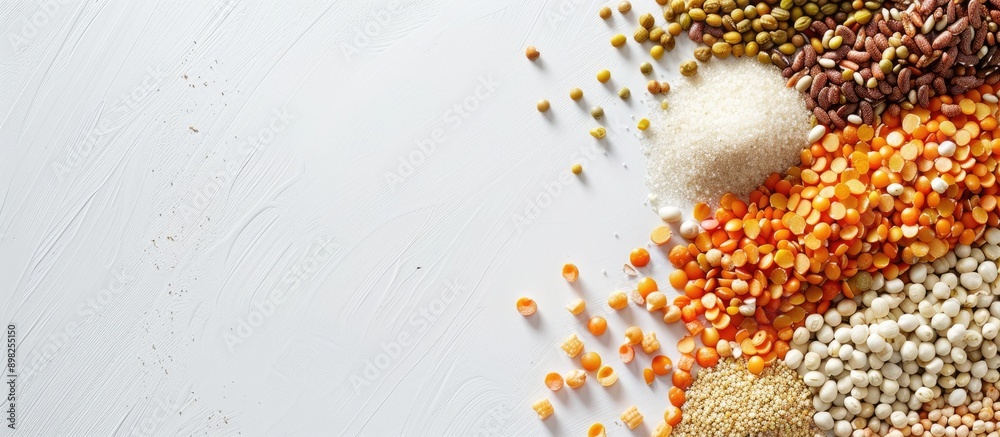 Aufkleber assorted cereals and legumes arranged on a white backdrop with ample copy space image