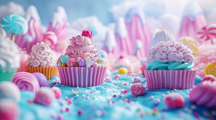  A table is adorned with a collection of cupcakes, each boasting a generous spreading of frosting and a delightful shower of sprinkles