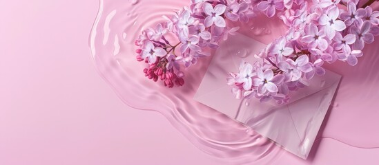 A charming image of lilac flowers in water beside an envelope on a pink background designed with minimal style for text insertion offering ample copy space in your artwork