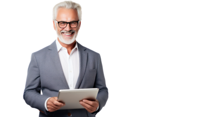 Senior businessman with tablet isolated on white background.