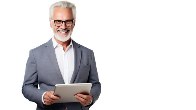 Senior businessman with tablet isolated on white background.