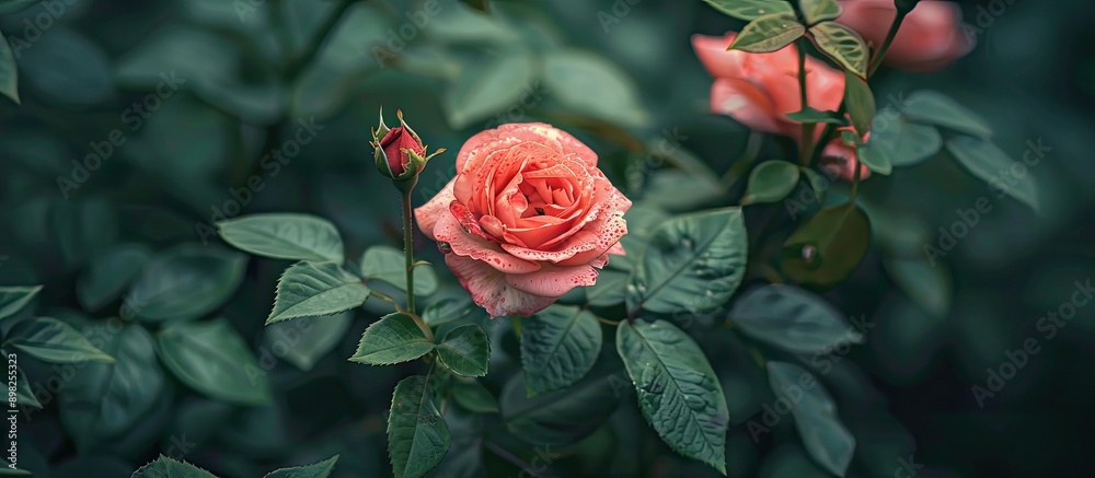 Poster blooming garden roses with a spotted red bud set against a green foliage background providing a visu