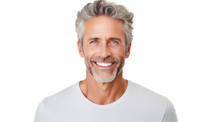 Senior man smiling happily isolated on white background.