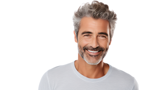 Senior man smiling happily isolated on white background.