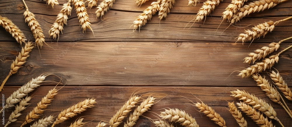 Poster barley and wheat ears placed on a wooden desk frame the copy space image leaving room for your text 