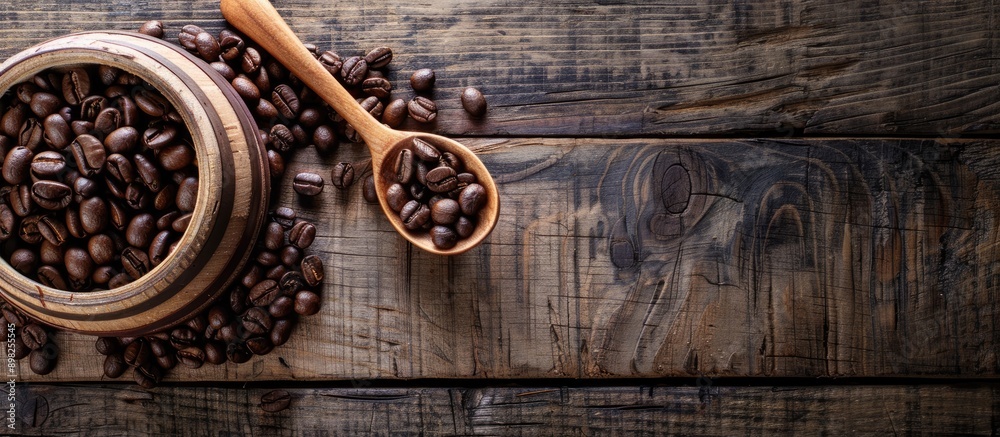 Aufkleber coffee beans in a wooden barrel with a wooden background a coffee spoon captured from above with spa