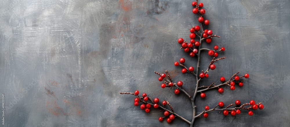 Poster Creative Christmas concept depicted through Christmas tree branches with red berries arranged as a tree shape on a gray background composing a festive copy space image