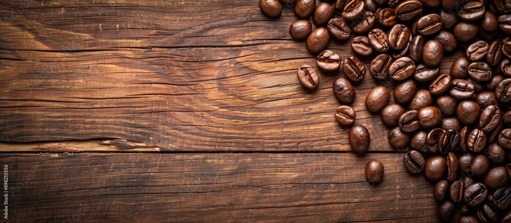 Aufkleber Coffee beans roasted and displayed on a wooden table with copy space image