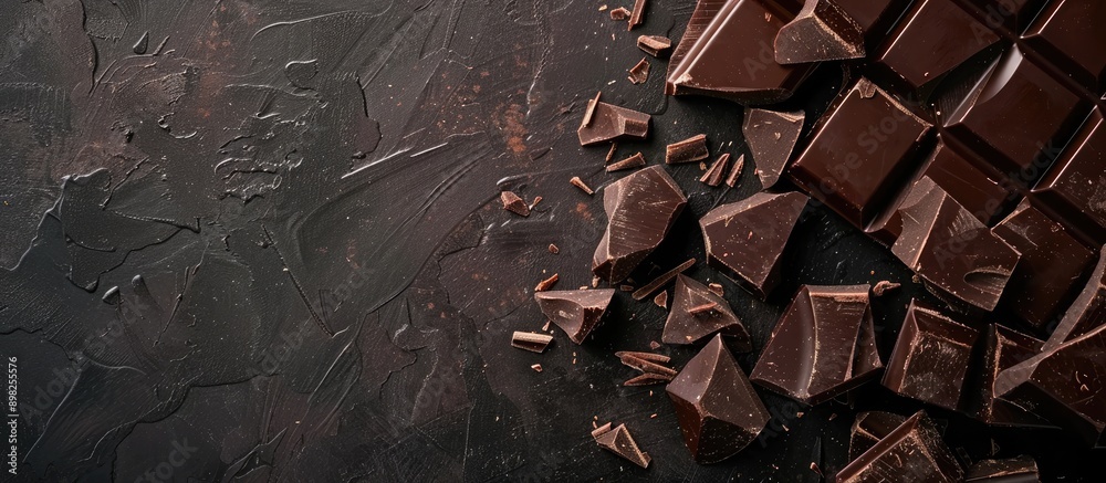 Aufkleber dark chocolate pieces arranged on a dark table with copy space image