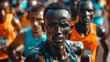 Fototapeta premium Close-Up of Runners’ Faces Showing Focus and Determination During a Challenging Marathon Stretch