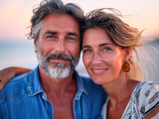 Closeup portrait of happy middle aged couple enjoying romantic moment on the beach