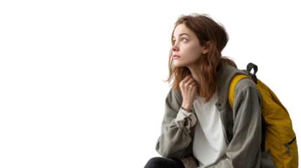 Female student looking sideways isolated on white background.